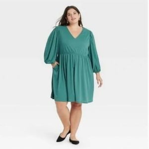 Ava & Viv Blue/Green Balloon Sleeve Babydoll Dress Size 2X